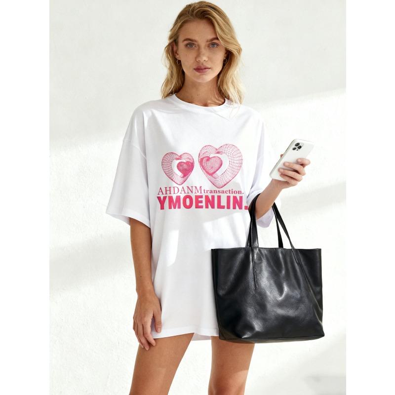 Oversized T Shirt Black Heart Pattern And Text Ahdanm Transaction Ymoenlin Casual Wear For Women Summer Fashion Streetwear Trendy Top