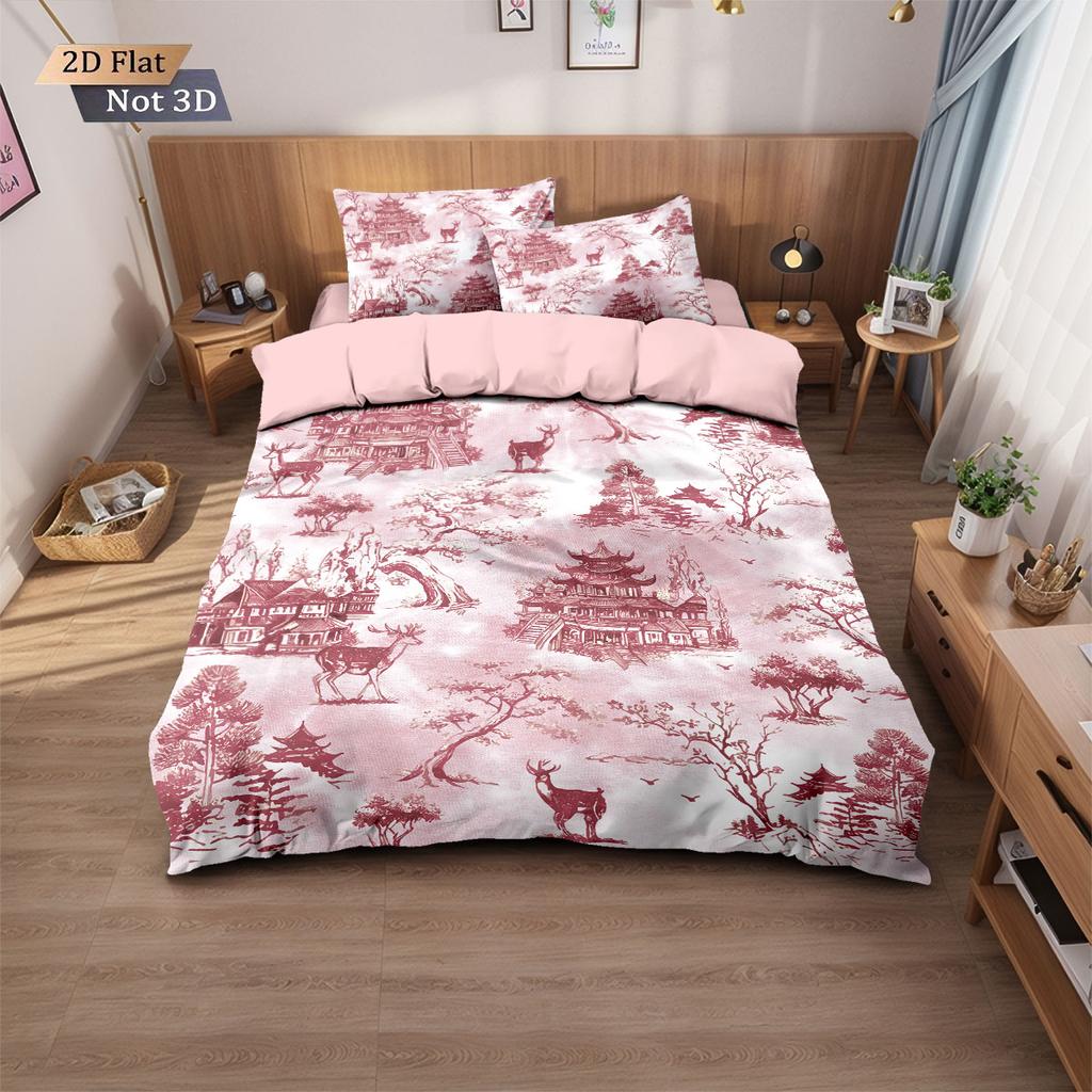 3pcs Pink Antique Architectural Print Coreless Bedding Comfortable Multi Size Bedroom Dormitory Duvet Covers, Machine Washable