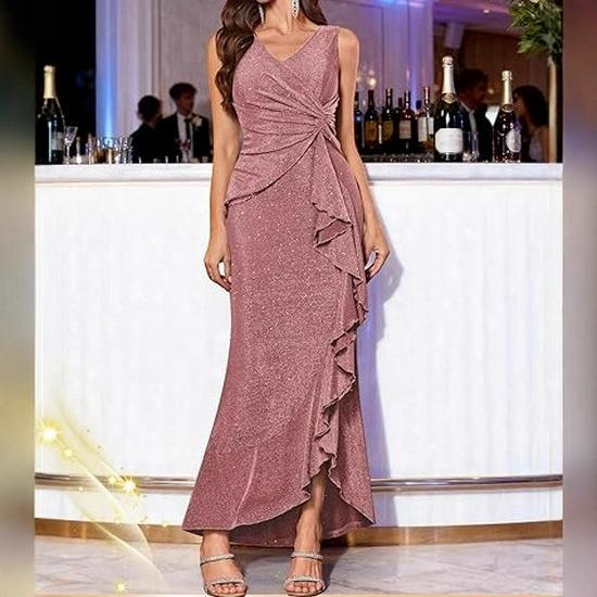 Vestido de Noche Europeo Elegante para Mujer 2025 con Lentejuelas, Cuello en V y Abertura