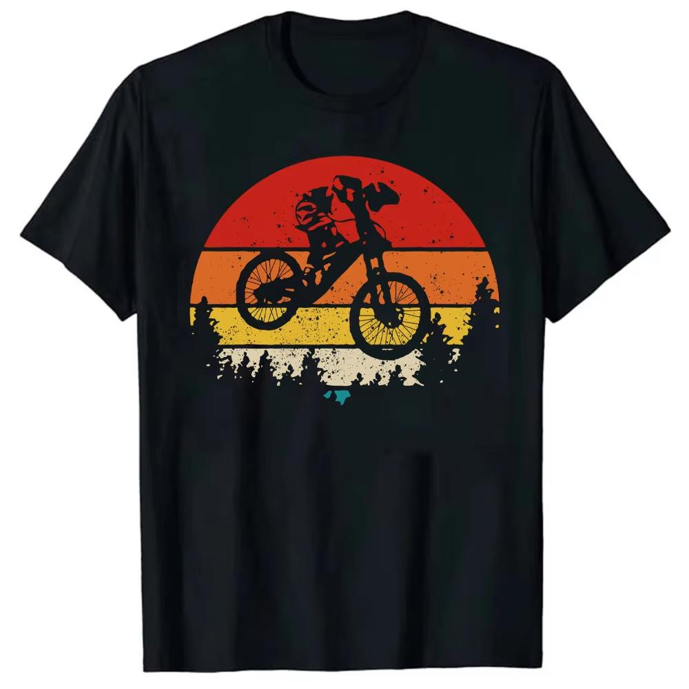 Retro Sunset Mountain Bike Print Tshirt Unisex Cycling Short Sleeve Trendy Pure Cotton Loose Casual Streetwear Top