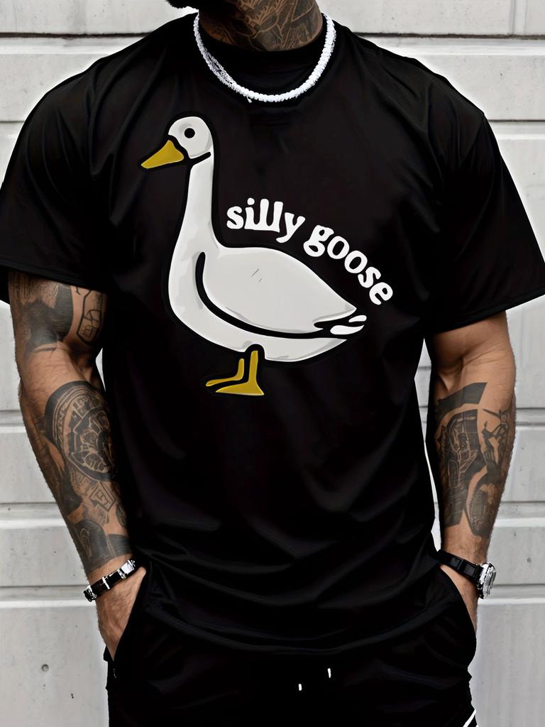 Cute Cartoon Silly Goose Letter Slogan Front Graphic Print Unisexs Crew Neck Short Sleeve Tee Casual Daily Soft Basic Wear Top