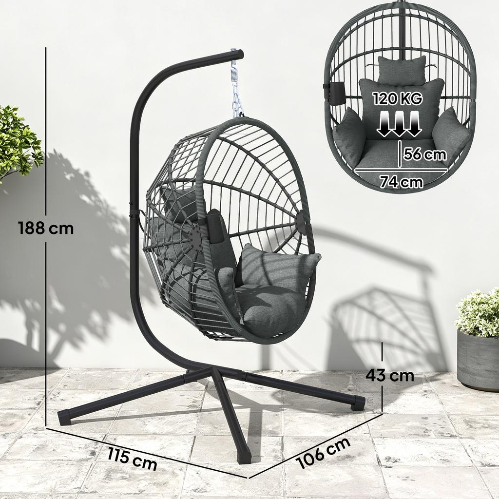 Hanging Egg Chair, Hammock Swing, Folding Basket, Padded Cushion, Grey
