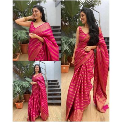 Silk Saree from the ALMAARI Store Is Adorned with Beautiful Zari Work In Form of Traditional Motifs.