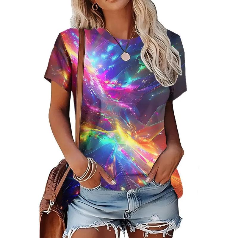 Modisches Damen Rundhals Kurzarm 3D Lässiges Farbprint Lässiges Kurzarm Rundhals T-Shirt