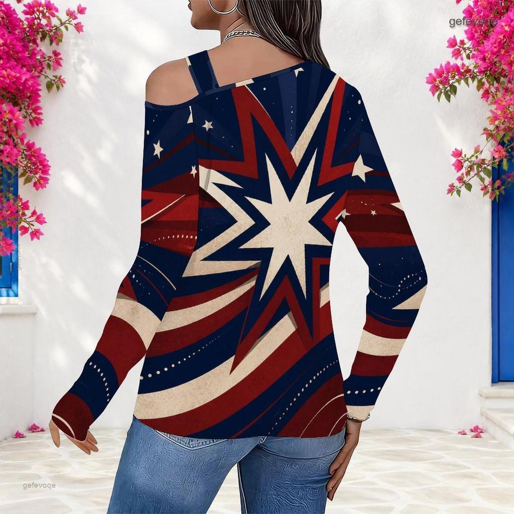 Women s Plus Size Asymmetric Cutout Neck Cold Shoulder Long Sleeve Star Printed White Top