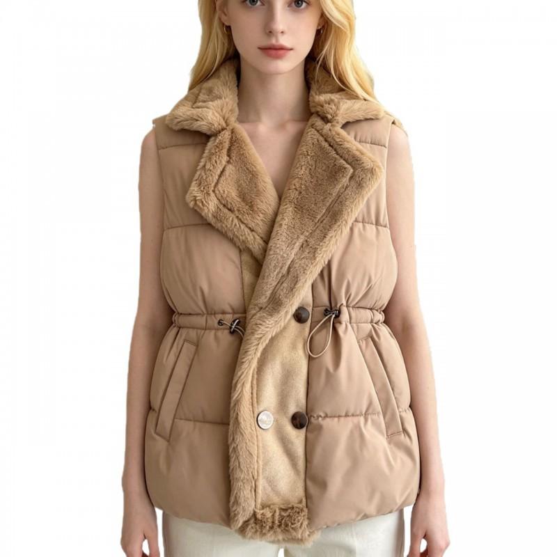 Womens Puffer Vest With Faux Fur Collar Thick Warm Mid-Length Solid Color Sleeveless Coat Winter