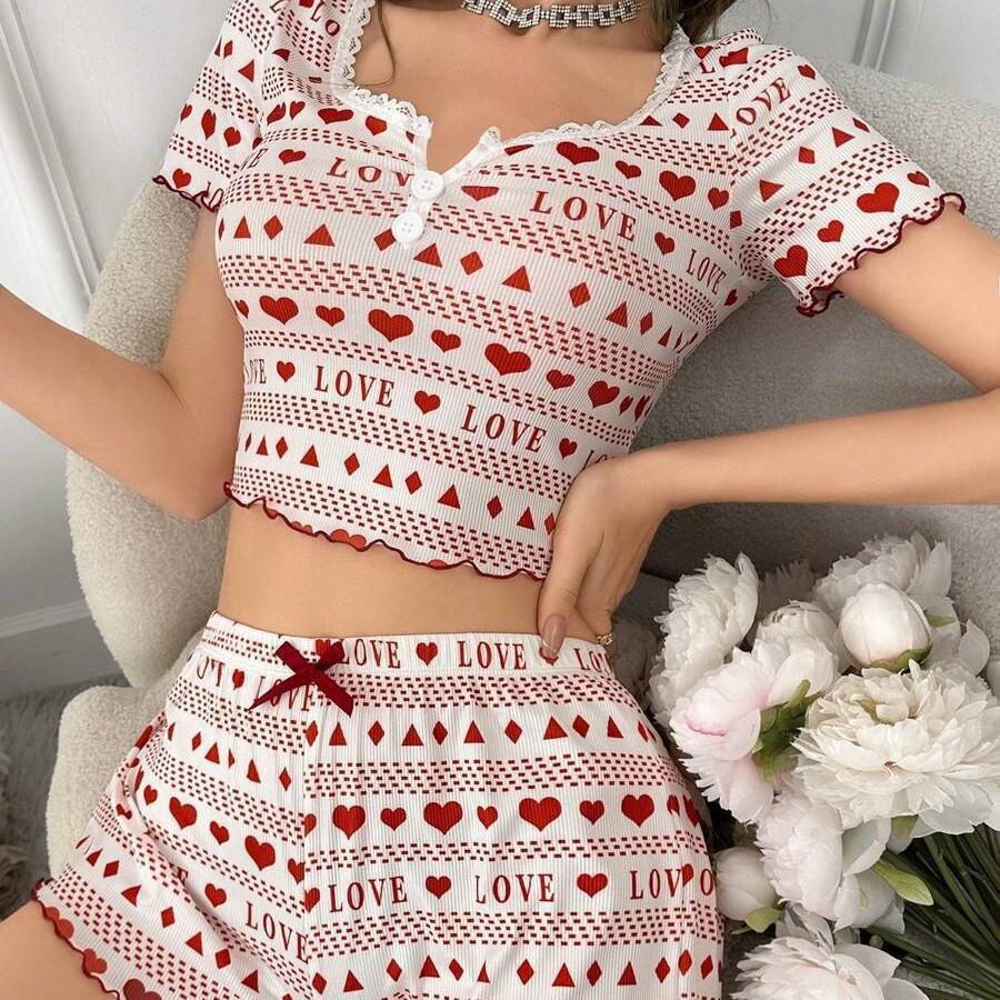 

Summer Heart Printed Thin Pajamas Set Women Homewear Sexy Slim Short Sleeve Crop Tops and Shorts 2 Pieces Sets Pyjamas Sleepwear XL