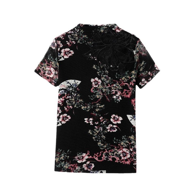 Lace Half Turtleneck T-shirt for Women In Spring and Summer New Printed Top Age-reducing Mesh Base Shirt Fashionable Small Shirt