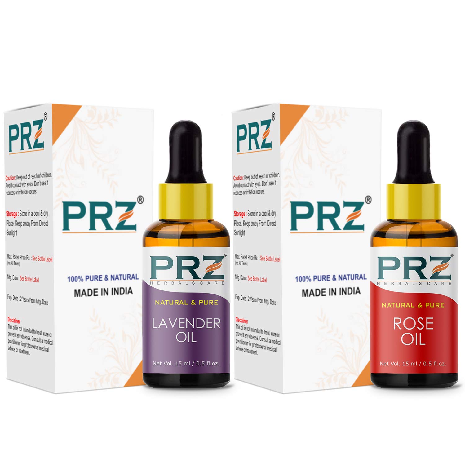 PRZ Combo of Lavender and Rose Essential Oil, 100% Pure Natural & Therapeutic Grade Oil for Aromatherapy, Body Massage, Skin Care & Hair Growth (15M