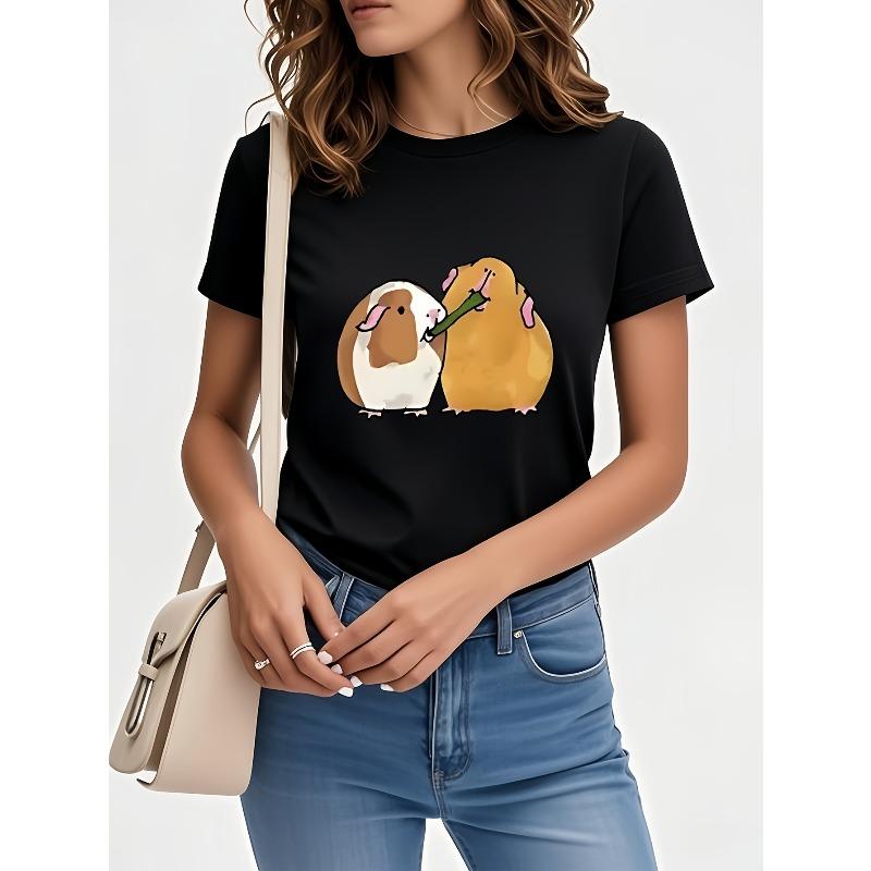 Cute Guinea Pigs Eating Grass Cartoon Print T-Shirt, Short Sleeve Crew Neck Casual Top, Women's Clothing Casual Style