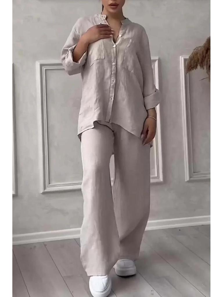 2024 Women's Solid Color Long-Sleeve Shirt & Wide-Leg Pants Set