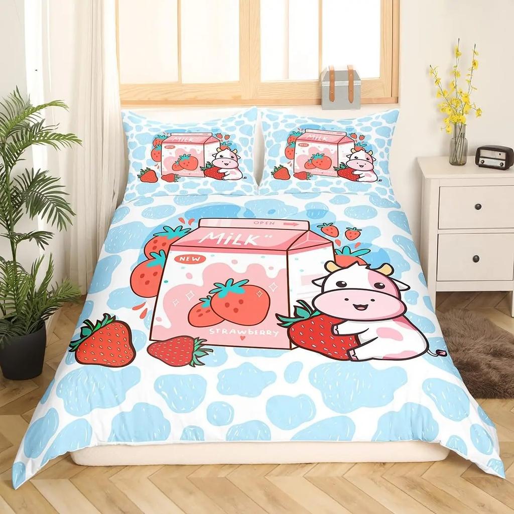 Sweet Strawberry Milk Duvet Cover King Queen Cute Bear Bedding Set Cartoon Fruits Animals Comforter Cover with 2 Pillowcases