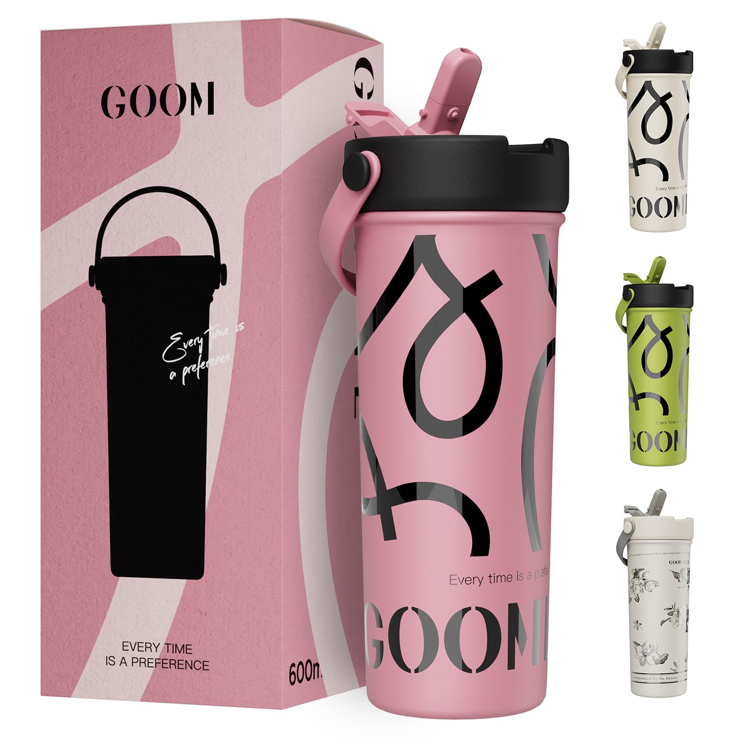 

Кружка для воды GOOM с термотрубочкой из нержавеющей стали 316, термо-холодная вакуумная герметичная с рукописной надписью, спортивная бутылка для чая, бутылка, тамблер, крышка, бутылка, 600 мл, розовый