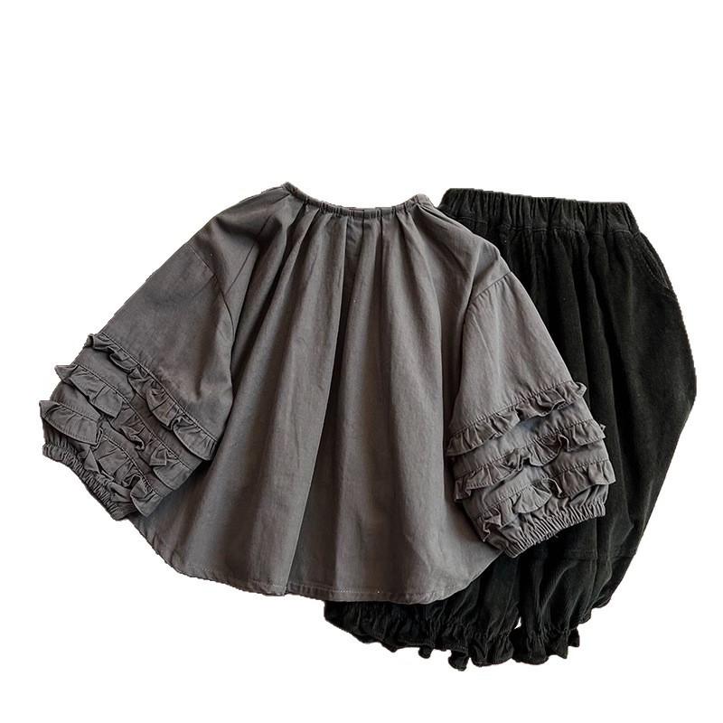 Girls Cotton Set Floral Lace Trim Blouse Pleated Bloomers Pants 3-8 Years