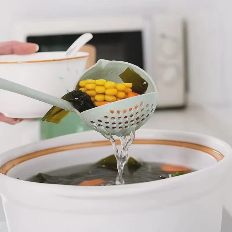 Wheat Straw Soup Ladle with Colander: Long-Handled, 2-in-1 Spoon for Hot Pot and Soup