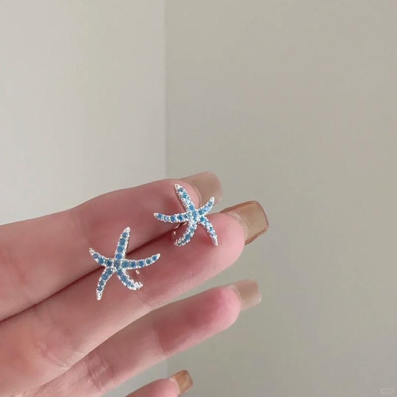Fashionable Summer Blue Full Diamond Starfish Ear Studs Sweet Small Stud Earrings For Women Girls Beach Party Jewelry Gift
