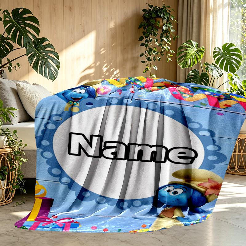 Custom Name Personalized Blue Smurfs Print Blanket, Home Decor, Bedroom, Sofa, Camping, Couch, Gifts for Birthday Christmas