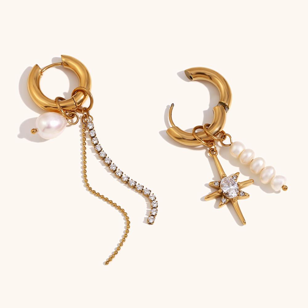 Asymmetrical Design Diamonds Stainless Steel Earrings Women Pearl Charm Gold Hoops Earrings Fashion Jewelry Accessories Party