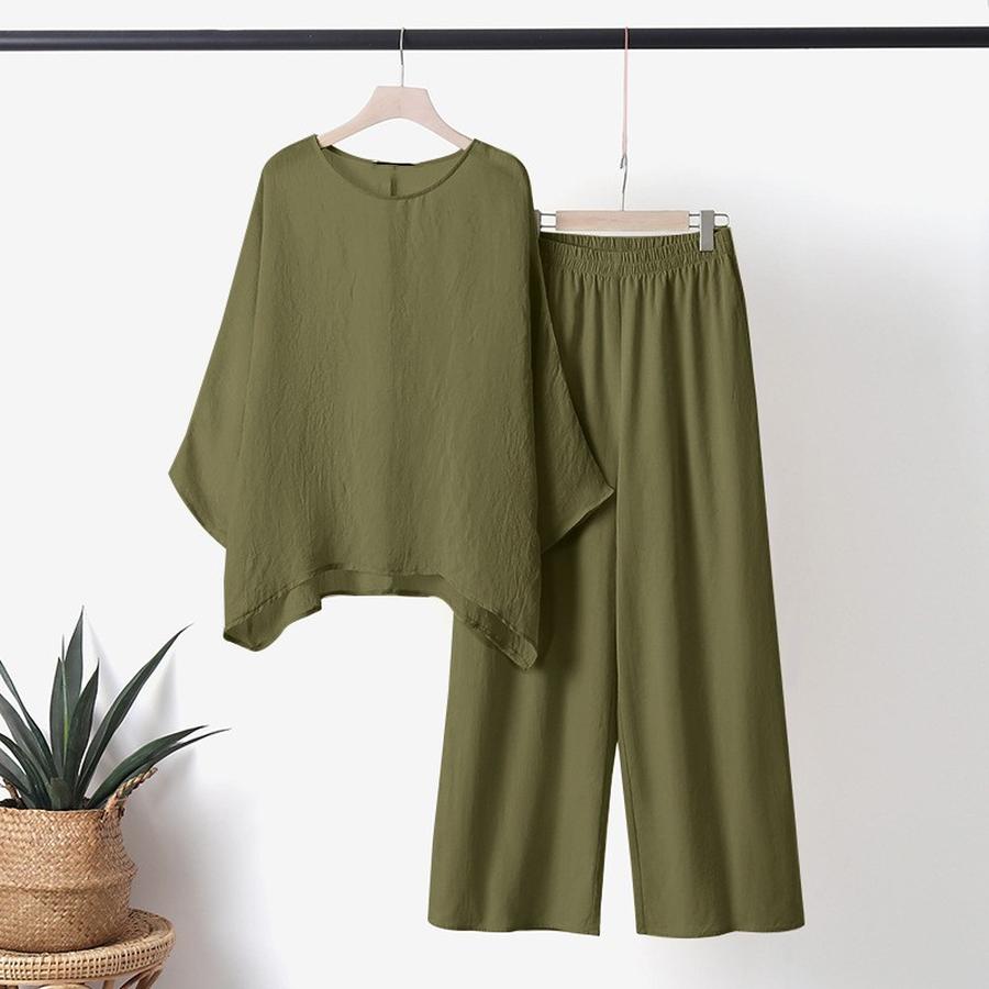 New Women's Cotton Linen Fashion Casual Plus Size Asymmetrical Long Sleeve Set Wide Leg Pants Two Piece Outfit