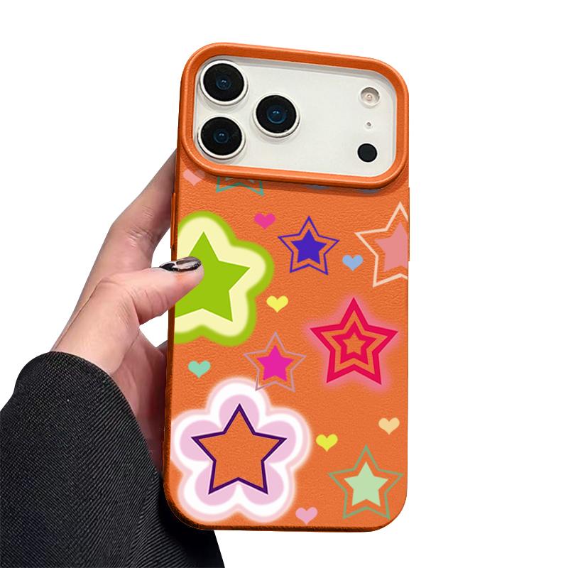 Blended Colorful Stars Pattern Case For iPhone 17 Pro Max iPhone 16 Pro Max 15 14 13 12 11 16E Air Luxury Leather Texture Silicone Cover