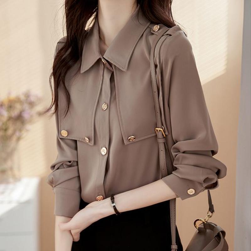 

Винтажная рубашка с длинными рукавами, женская рубашка на весну и осень, модная, высококачественная, универсальная, дизайнерская, маленькая женская рубашка 3XL хаки