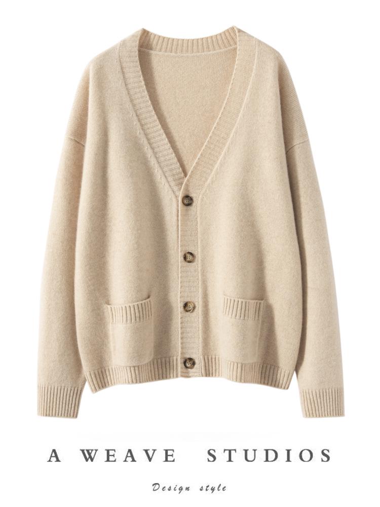 Women's Minimalist V-Neck Cashmere Cardigan - Buttoned, Thick, Wool Sweater Coat