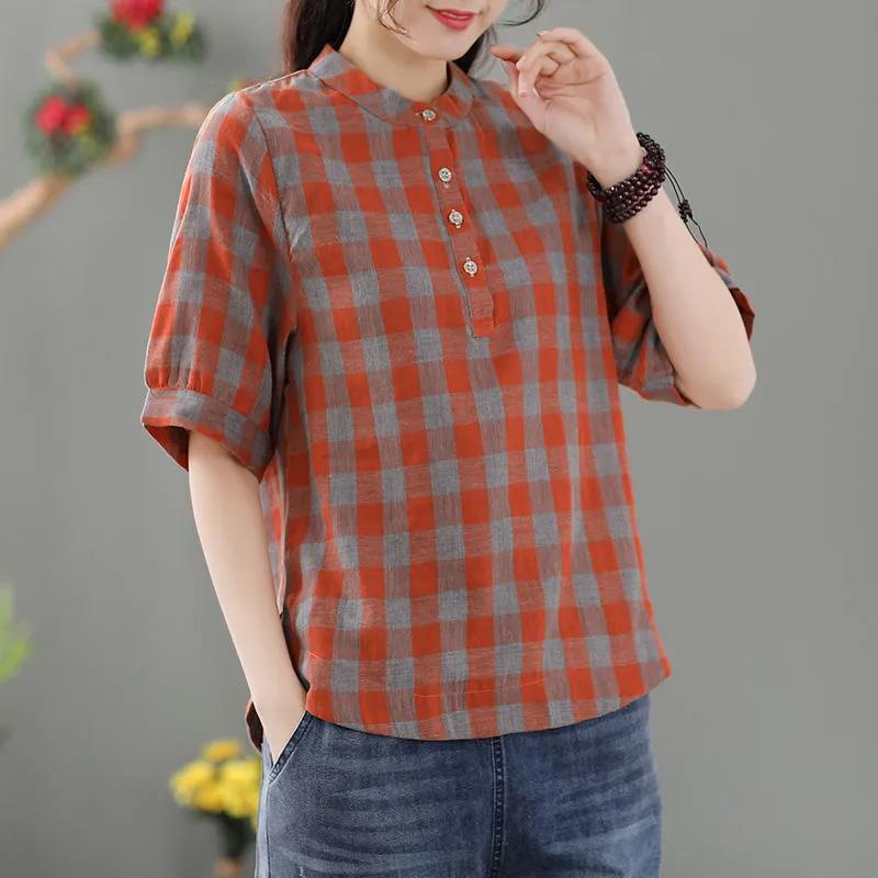 Tops Women Cotton Summer Large Size T-shirt Loose Vintage Plaid Casual Top Casual Pullover T-shirt Top