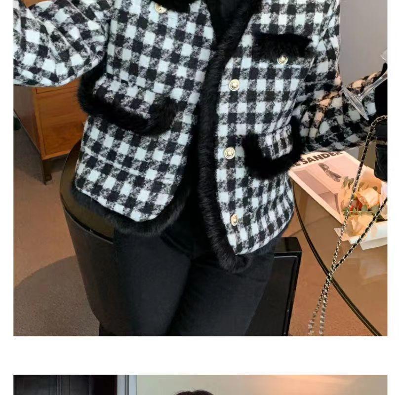 Women's French Chic Houndstooth Chunky Knit Coat - Warm, High-End Autumn/Winter Top with Raw Edges
