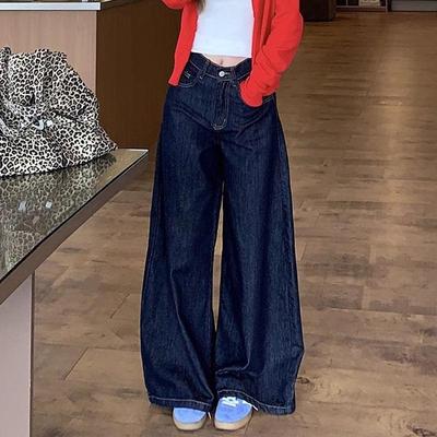 2024 Damen High Waist Dunkelblau Retro Straight Jeans - Slim Wide Leg Mopping Hosen