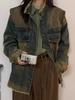 Women's Retro Blue Distressed Denim Jacket with Large Pockets and Frayed Edges