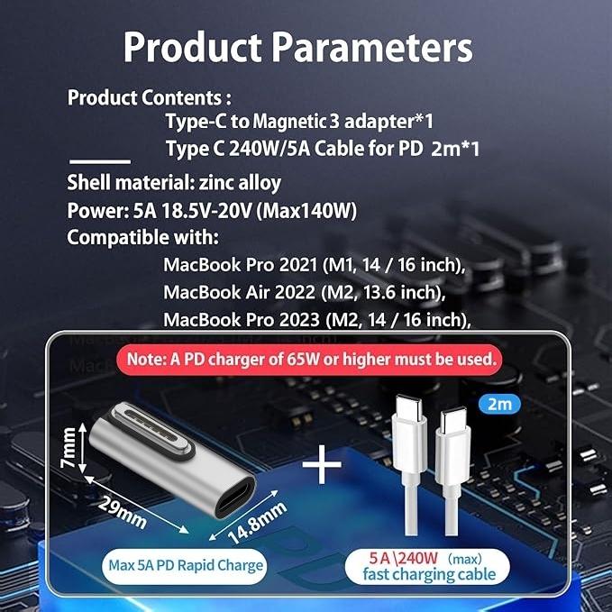 USB C to Magnetic 3 140W Charging Adapter Compatible with MacBook Pro 2023(M2,14/16 inch),Air 2022(M2),Pro 2021(M1,14/16 inch)