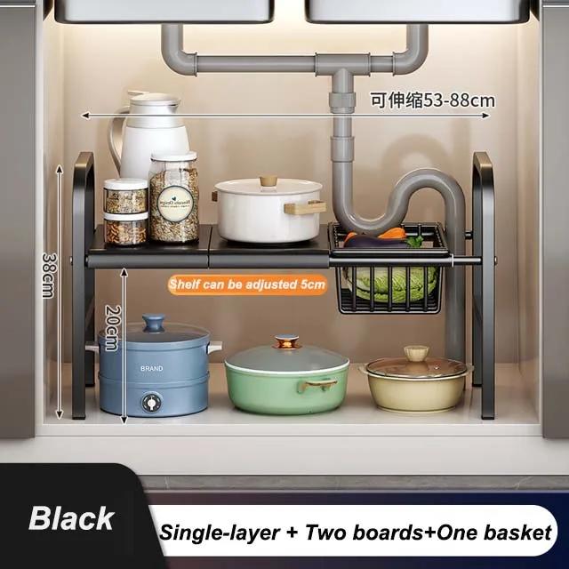 Kitchen Under Sink Adjustable Pot Rack Multifunctional Dish Pans Snacks Cookware Storage Rack Countertop Cabinet Storage Basket
