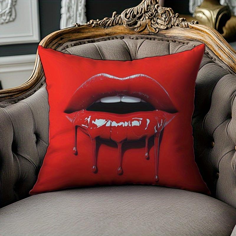 1 piece red lip print pillow cover - bold art design, soft polyester short velvet fabric, 17.7x17.7 inch decorative cushion cover with zipper