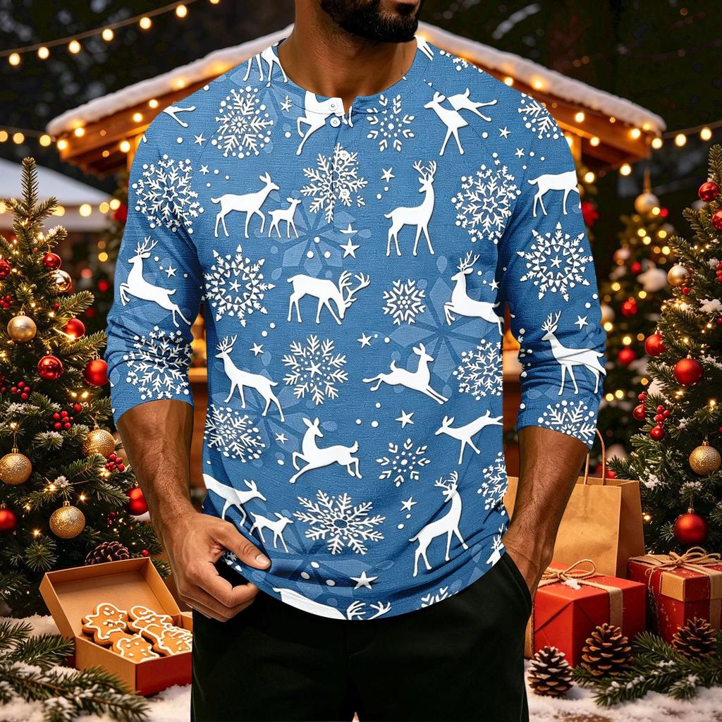 Men's Casual Shirt with Three-Quarter Raglan Sleeves Christmas Print