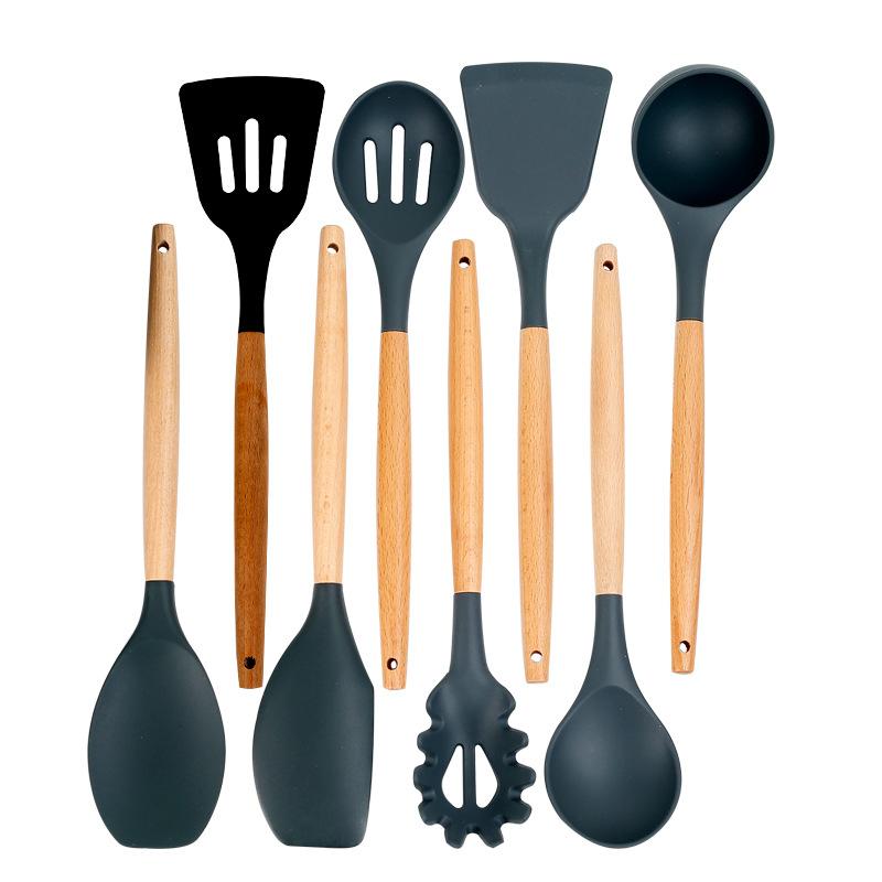 12 Pieces in 1 Set Silicone Kitchen Accessories Cooking Tools Kitchenware Cocina Silicone Kitchen Utensils With Wooden Handles