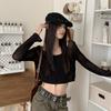 Vintage Hollow Out Crochet Knit Cardigan Thin Women's Autumn Outer Wear Long Sleeve Cover Up Ripped Ice Silk Short Top