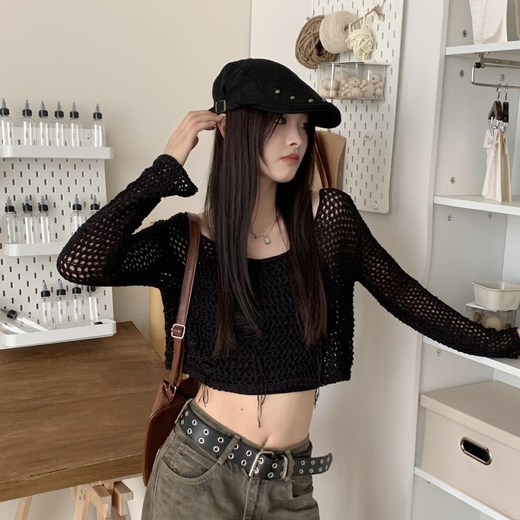 Vintage Hollow Out Crochet Knit Cardigan Thin Women's Autumn Outer Wear Long Sleeve Cover Up Ripped Ice Silk Short Top