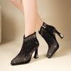 Frosted Waterproof Platform Heeled Boots Women Black Pointed Toe Sexy  Rhinestone Short Leather Boots Shoes High Botas Mujer