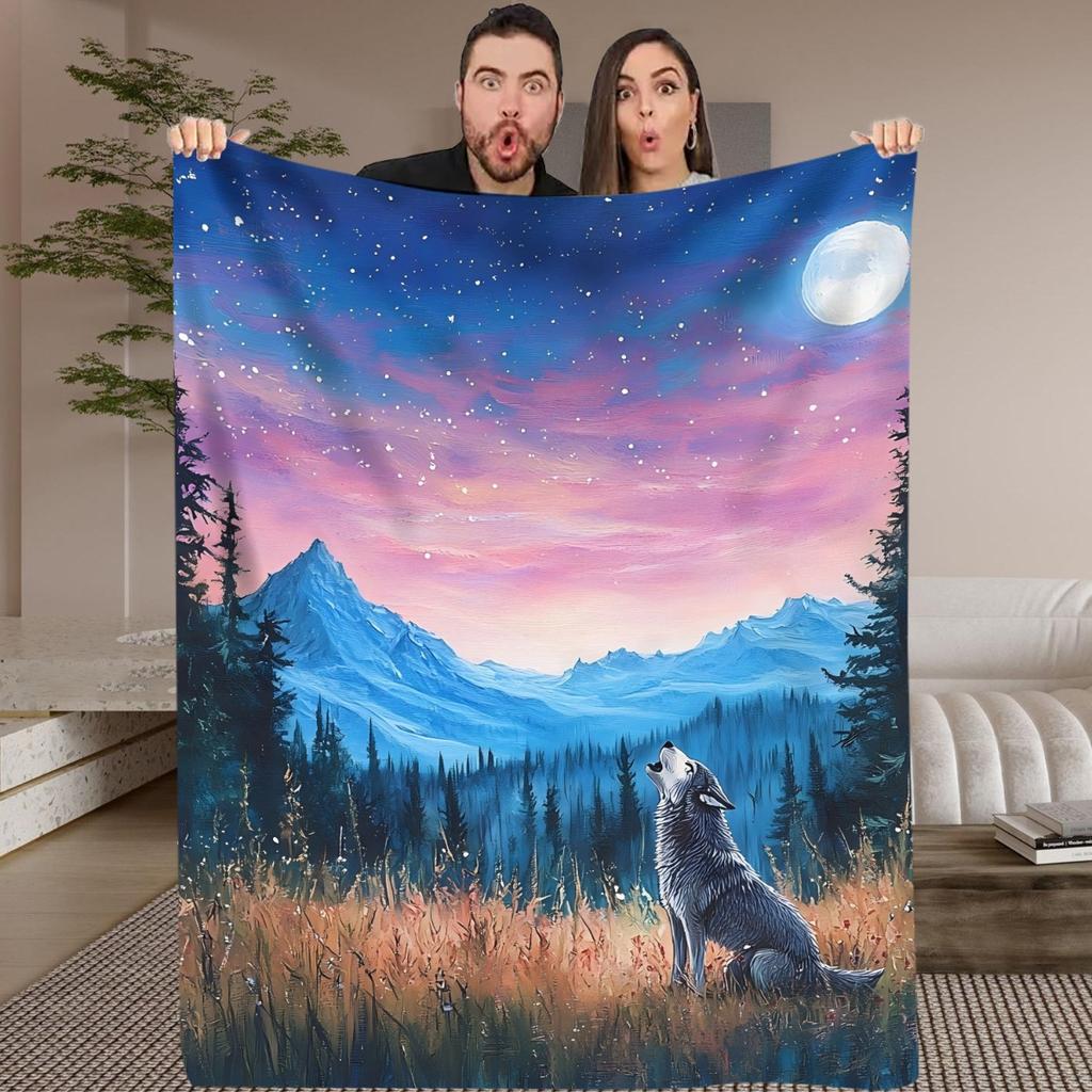 1pc Wolf Howling At the Moonlit Night Digital Printed Design Pattern Blanket, All-Season Soft and Warm Throw, Ideal for Home Bed