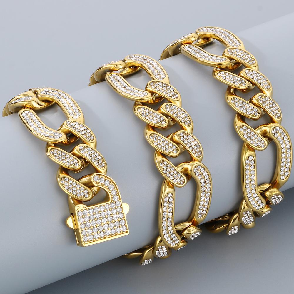 Hip-Hop Jewelry CZ Cuban Chain Man Bracelet Necklace Set Luxury Gold Color 60CM Long Stainless Steel Men's Necklace & Bracelets