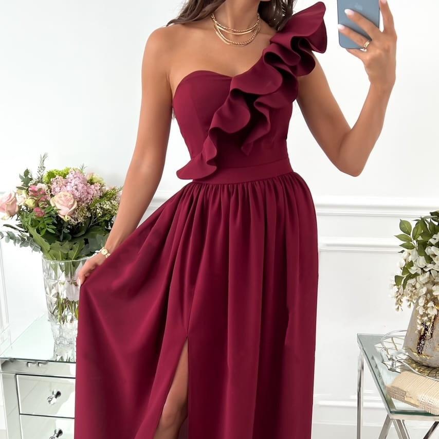 

Summer Asymmetrical One-Shoulder Ruffle Split Hem Dress Sleeveless Irregular Hem Formal Gown Off-the-shoulder Ruffled Hem Split Dress XXL