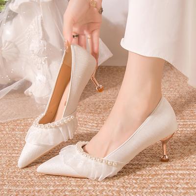 Mode Parel Kant Bruiloft Feest Schoenen voor Vrouwen 2024 Herfst Instappers Puntige Neus Pumps Vrouw Elegant Pailletten Stof Stiletto Hakken Schoenen