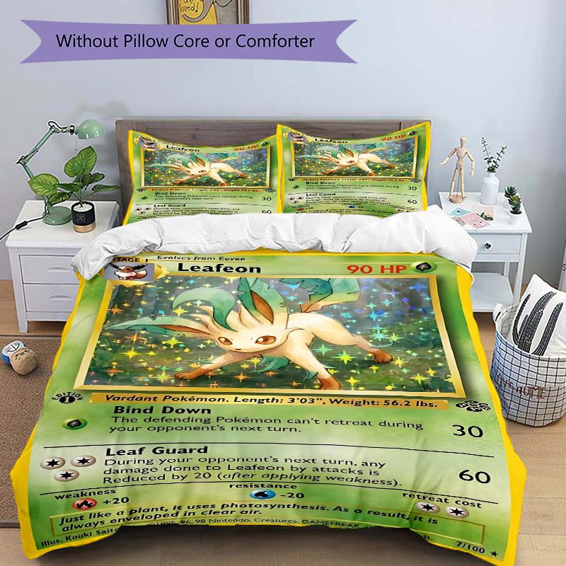 Leafon Pokemon Card Print 3Pcs Bedding Set,Duvet Cover with 2 Bedro,Pillowcase Home Birthday Gift