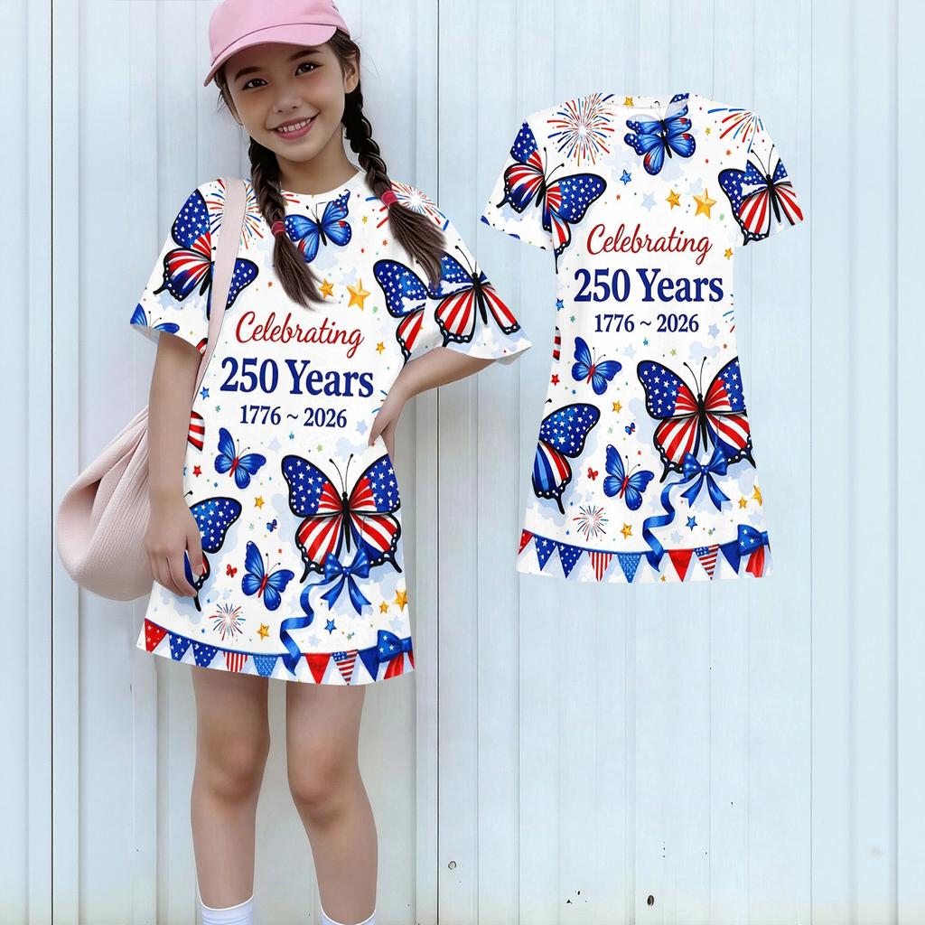 Girls Independence Day Print Casual Dress Kids Loose Round Neck Short Sleeve Thin Sundress