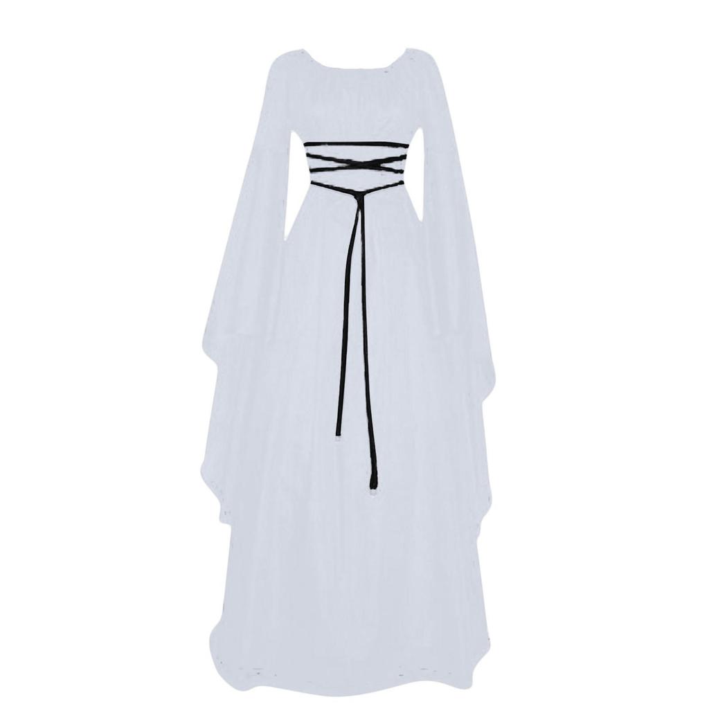 Dámský halloweenský kostým s dlouhým rukávem, kulatým výstřihem, šněrováním v pase, nepravidelné šaty, středověké retro elegantní večerní šaty