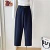 Women's 2024 Autumn Khaki Wide-Leg Suit Pants - Navy Blue, Loose, Straight, Nine-Point Length