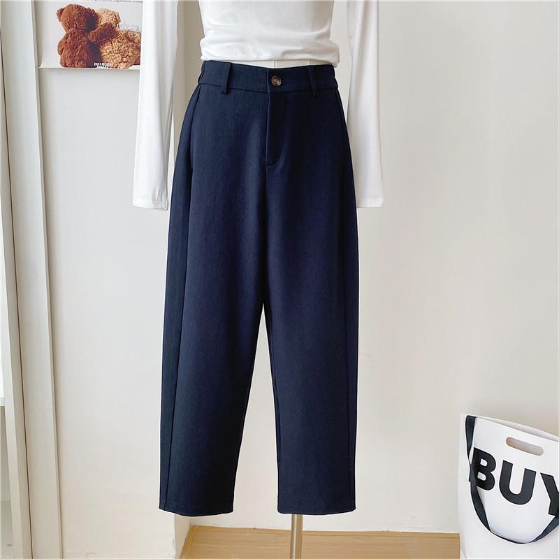Women's 2024 Autumn Khaki Wide-Leg Suit Pants - Navy Blue, Loose, Straight, Nine-Point Length
