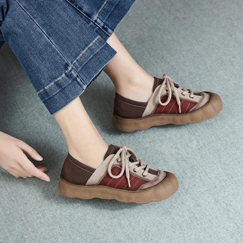 Johnature Genuine Leather Mixed Colors Casual Shoes Versatile Soft Soled Lace-up Flat Women's Shoes