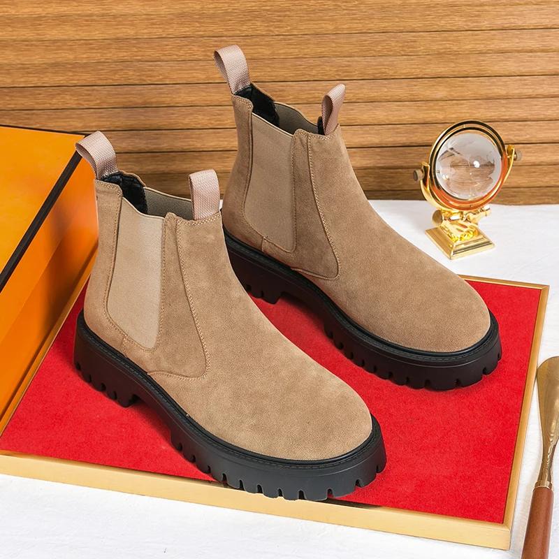 Fashion New Chelsea Boots, Slip-resistant and Durable Mid-calf British Style Thick-soled Heightening Genuine Leather Men's Boots