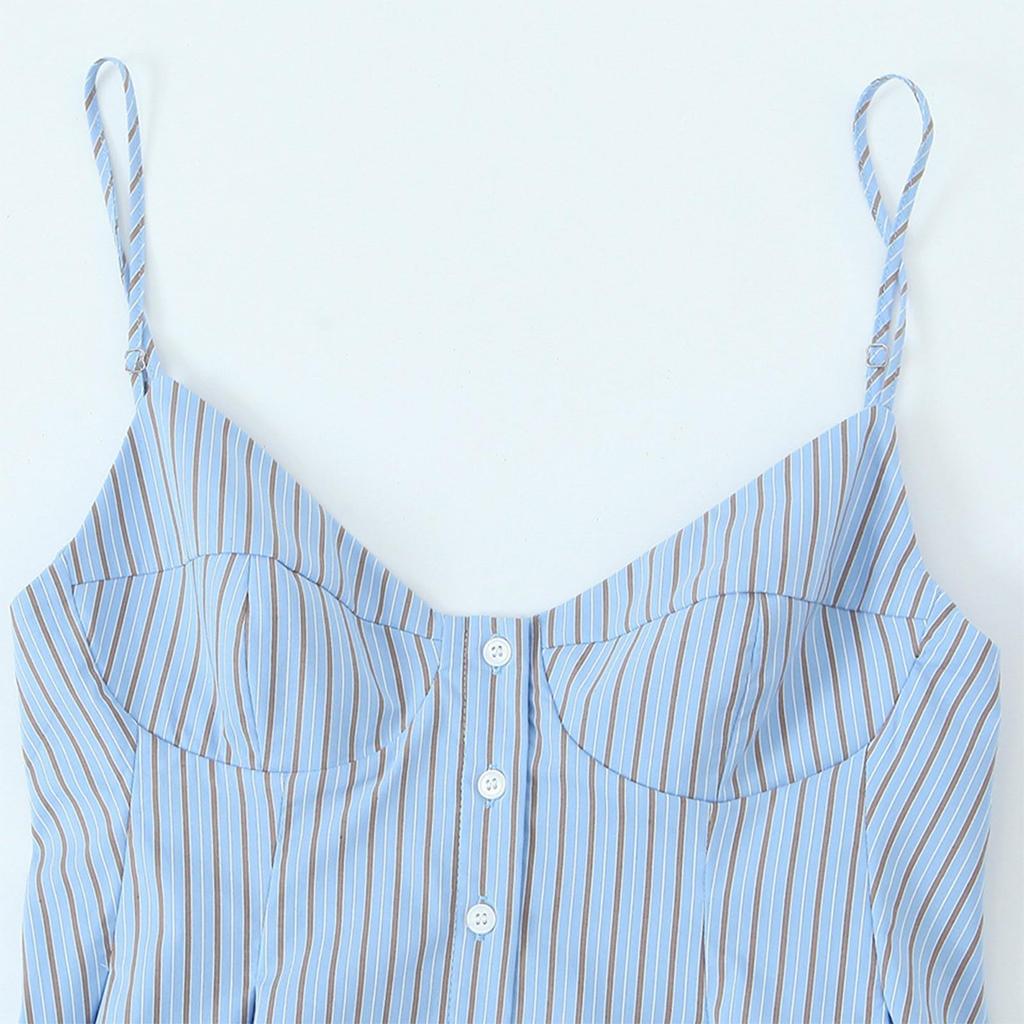 Women's Fashionable Sexy V Neck Striped Suspender Button Short Top
